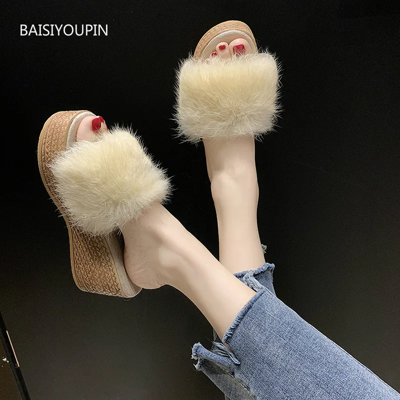 

Summer Shoes Fashion Furry Women Pumps Slipper 7cmHigh Heels Wedges Shallow Casnal Outside Solid Student Female Slides Flat-with