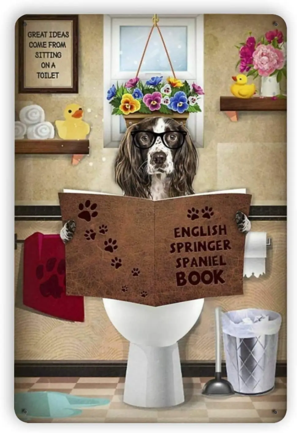 

English Springer Spaniel Reading Book in Vintage Metal Tin Signs, Retro Art Tin Sign Decorations Plaque fo Bars Club Cafe Home