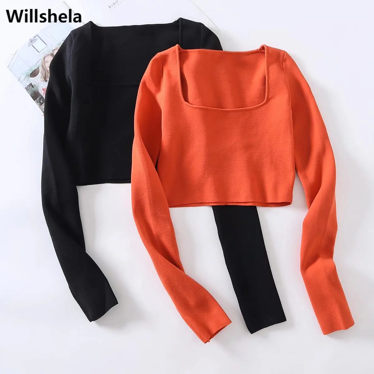 

Свитер женский укороченный с длинным рукавом и квадратным воротником