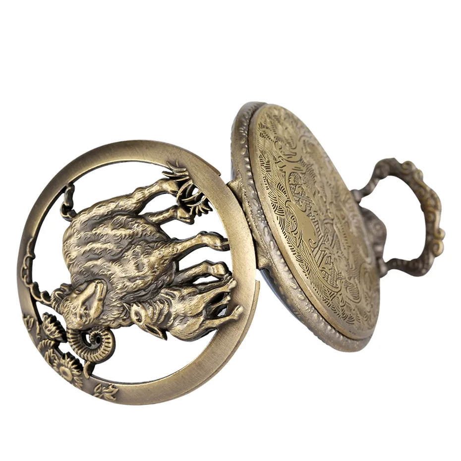 Chinese Zodiac Sheep Design Antique Quartz Pocket Watch Half Hunter Pendant Necklace Clock Fob Chain | & Watches