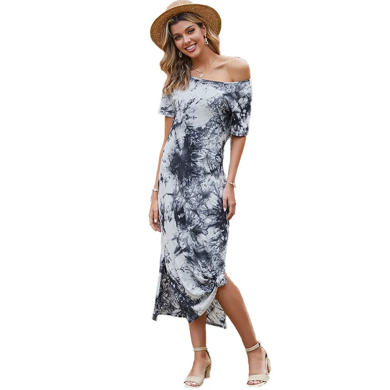 

Gezelligheid Dresses For Women Casual 2021 New Summer New A-Line Off Shoulder Ink Print Short Sleeve O-Neck Cotton Maxi Dress