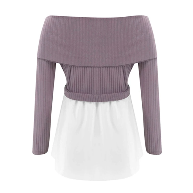 

Sexy Off Shoulder Women Autumn Patchwork Long Sleeve Slim Fit Elegant Blouse Ladies Tops All-match Knitted Shirt SJ4702M