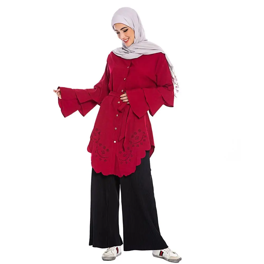 Длинные рубашки мусульманская женская мода рукав-лепесток одежда Оман Дубай