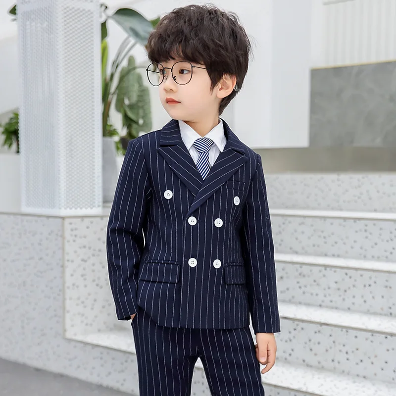 

Boy Striped Suit Jacket Kids Formal Tuxedo Dress Double breasted Clothes Sets Child Wedding Morning Coat Blazer Pants Costumes