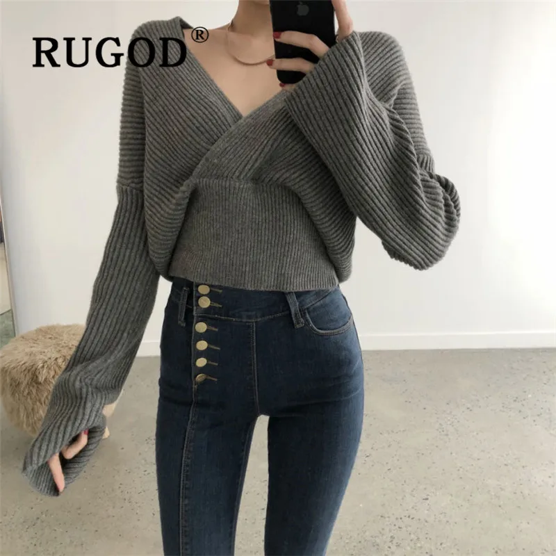 RUGOD korean chic solid female sweater pullovers v neck cross shape high waist knitted pull fashion elegant woman warm | Женская одежда
