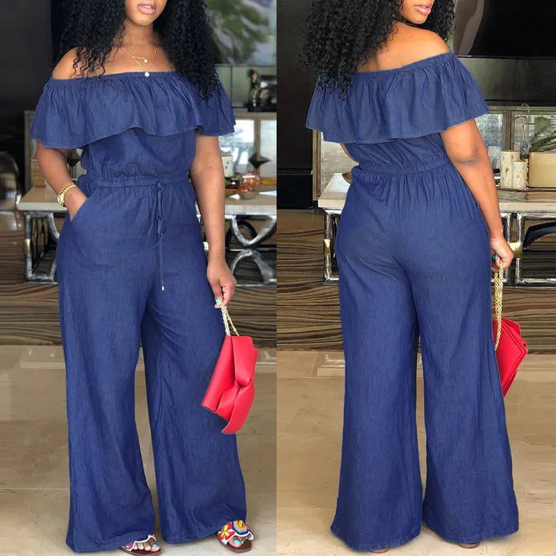 

Sexy Slash Neck Ruffled Denim Jumpsuit Women Fashion Plus Size Off the Shoulder Denim Jumpsuit Women