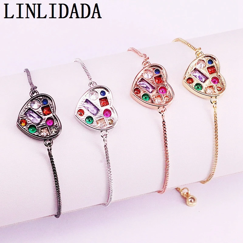 

8Pcs New Rainbow CZ Colorful Zirconia Heart Connector Bead with Adjusted Bracelet For Women