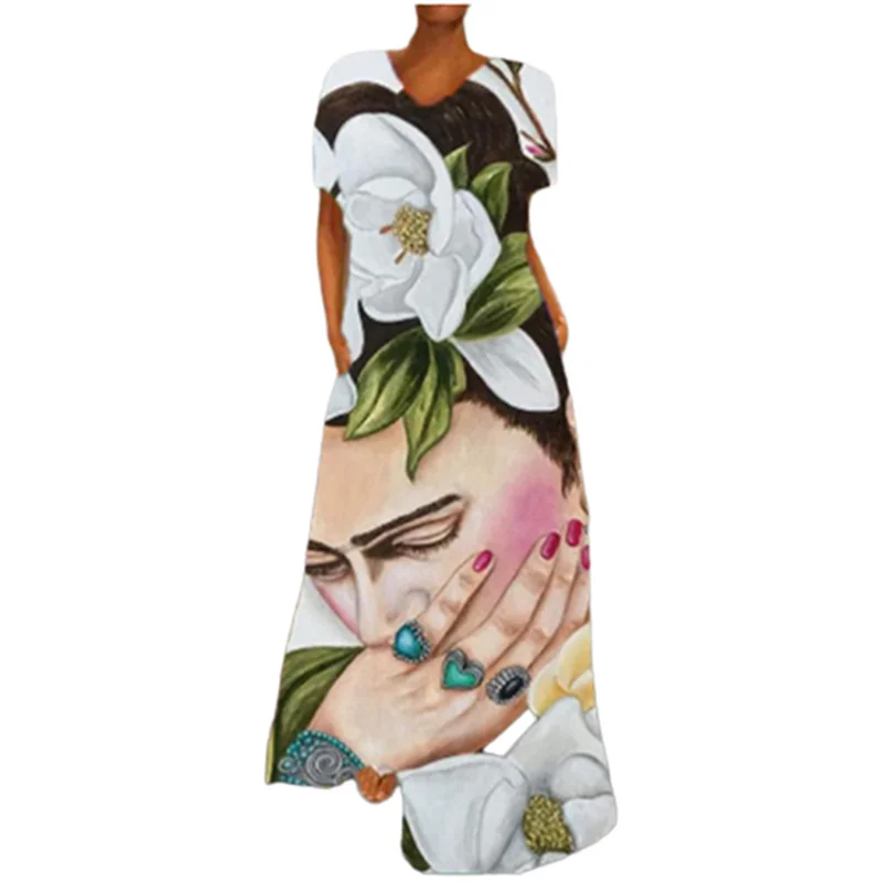 

Sexy V Neck Retro Portrait Cat Print Boho Women Dresses Big Hem Short Sleeve Maxi Dress Party Beach Dresses Vestidos De Verano