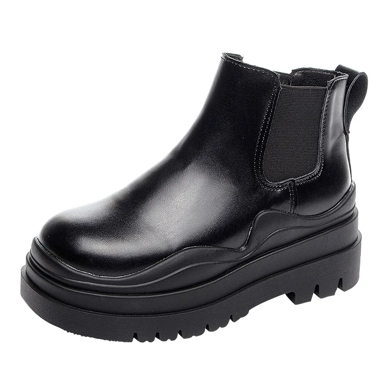 Leather Pipe short Boots Women's Autumn 2021 New Thick-soled Increased Single Boots British Style Short-tube Chelsea Boots