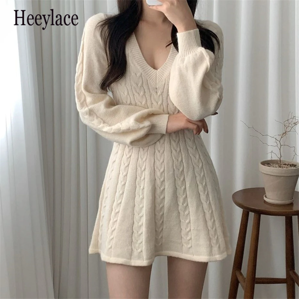 

Облегающее трикотажное мини-платье-свитер с завышенной талией и рукавами-фонариками, повседневные Элегантные вечерние с V-образным вырезом...