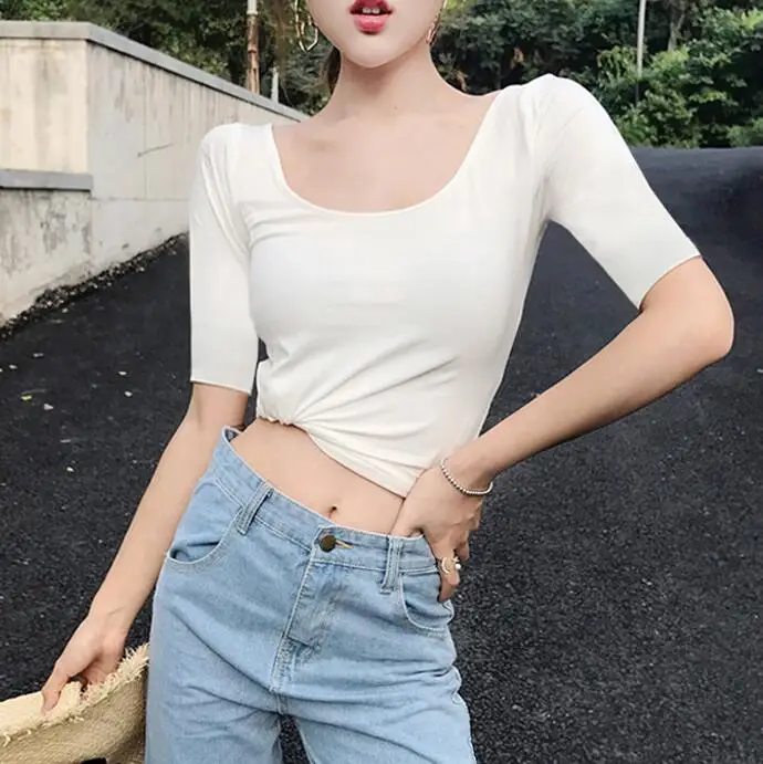 

Women's U-neck Bottoming Shirt T-shirt Slim Cotton Tight-fitting Low-neck