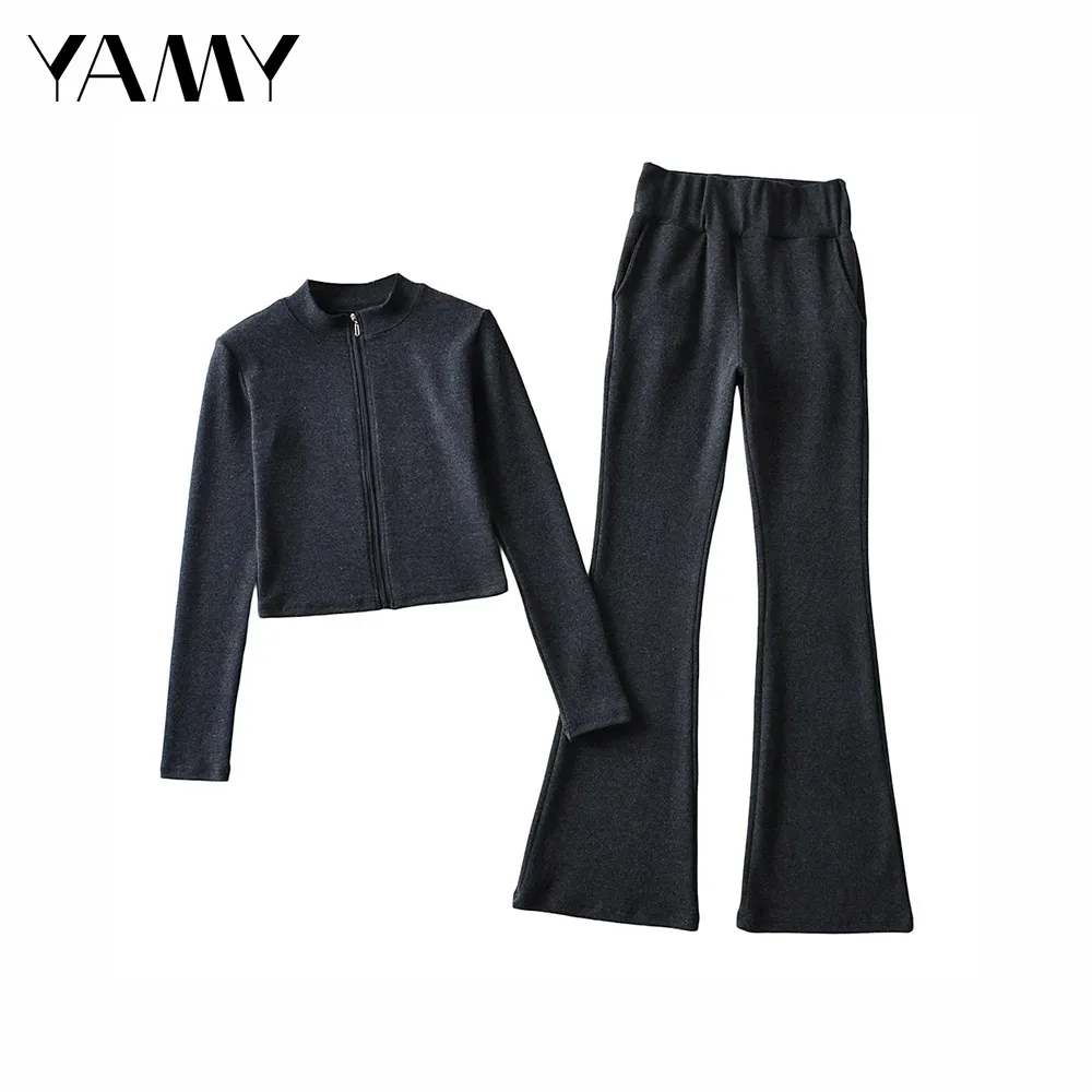 

Женский Повседневный костюм-двойка, черная толстовка с воротником-стойкой и длинным рукавом и расклешенные брюки с высокой талией