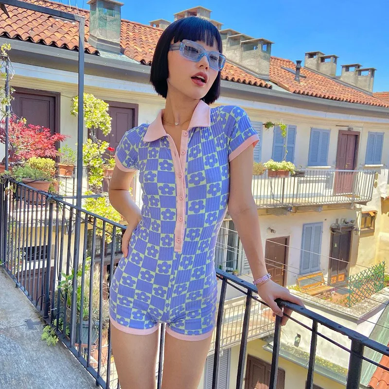 

2021 Short Sleeve V Neck Playsuit Women Y2K Print Floral Summer Purple Casual Bodysuit Sexy Bodycon Romper Fashion