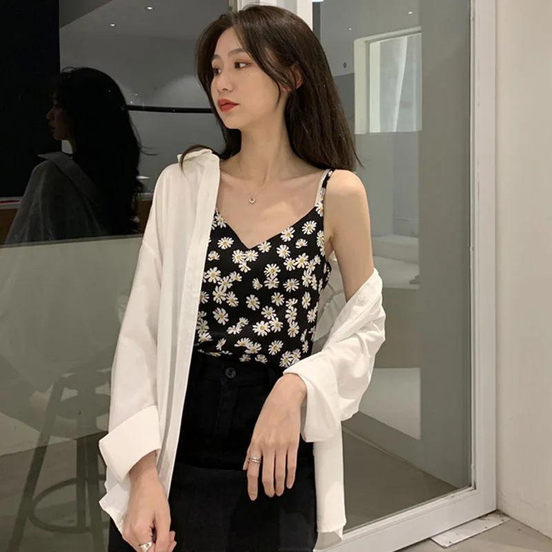 Женский трикотажный топ с принтом ромашек Однотонный женский уличный Топик