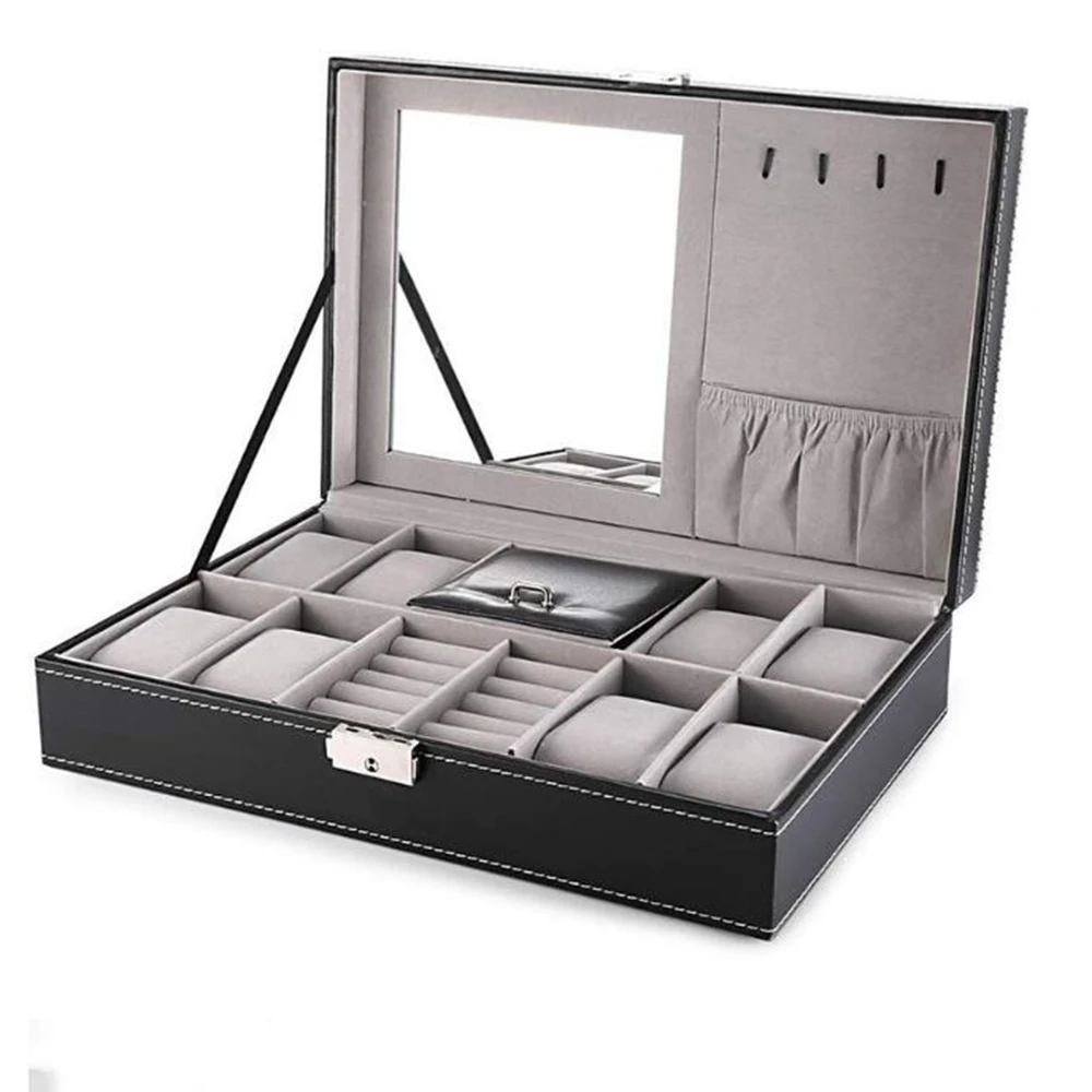 Leather Watch Box 8 Mens Watch Organizer Jewelry Display Drawer Lockable Watch Case Organizer & 8 Slots Rings Tray With Lock