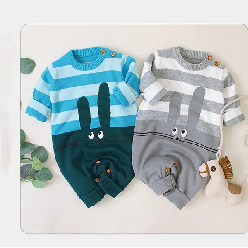 Вязаный детский комбинезон с кроликом для новорожденных осенне-зимняя одежда
