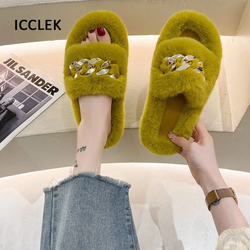 Women House Slippers Winter Faux Fur Slides Indoor Home Slippers Shoes Woman Slip on Furry Slippers Plush Warm Ladies Shoes