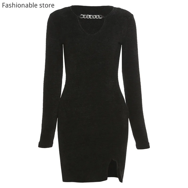 

Autumn Winter Women's Solid Color Slim Knit V-neck Split Velvet Black Party Dress