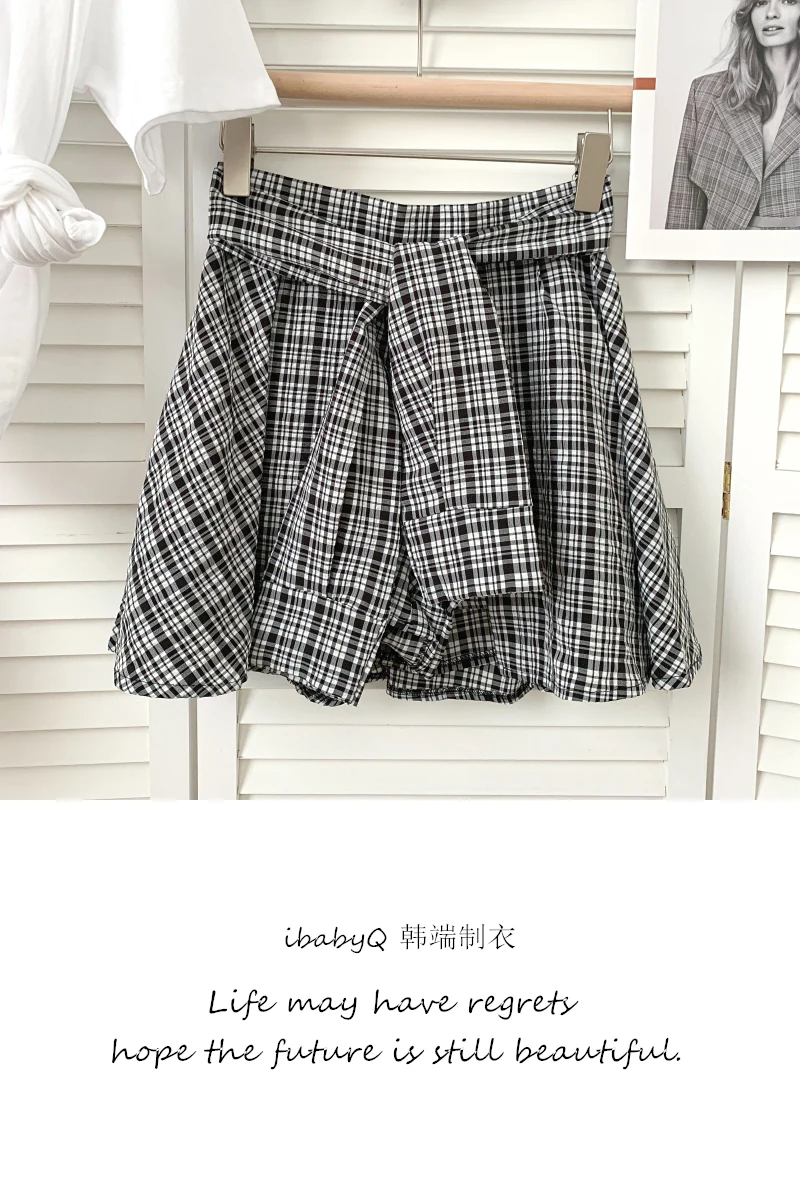 

2021 summer new leisure all-match fake two-piece lattice high waist thin irregular trousers skirt wide leg pants shorts women