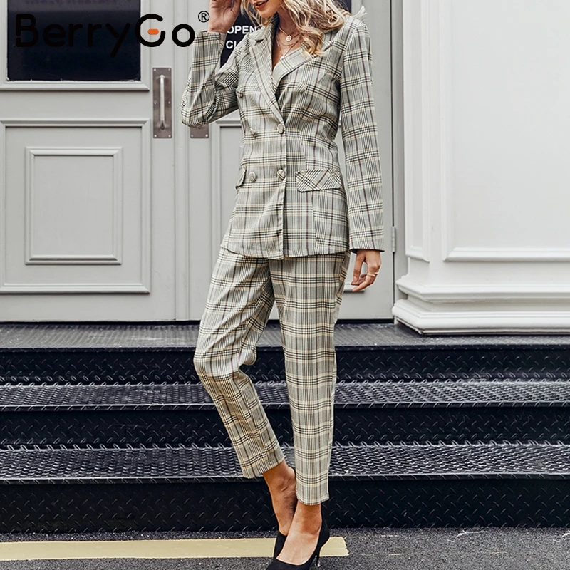 BerryGo элегантный офисный женский клетчатый Блейзер комплекты из двух предметов