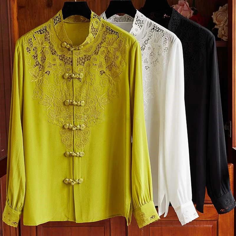 100% Silk Blouse Women Shirt Casual Style Embroidery Stand Neck Long Sleeve Buckle Solid Office Top New Fashion