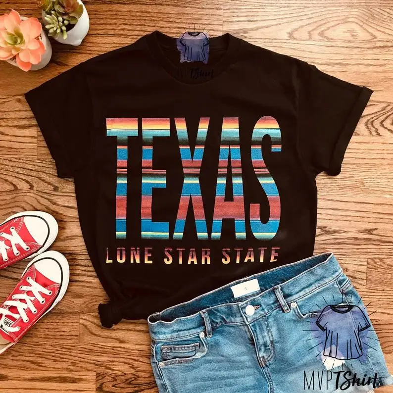 

Новое поступление, футболка для любителей Техаса с надписью «Lone Star State Serape», летние Графические Топы с коротким рукавом для путешествий, жен...