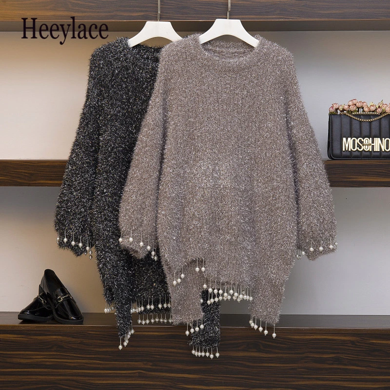

plus size irregular Sweater dress Women Pearl Beading Tassel Shiny Asymmetric Jumper Korean Cute Mid Long Sweaters Jersey Mujer