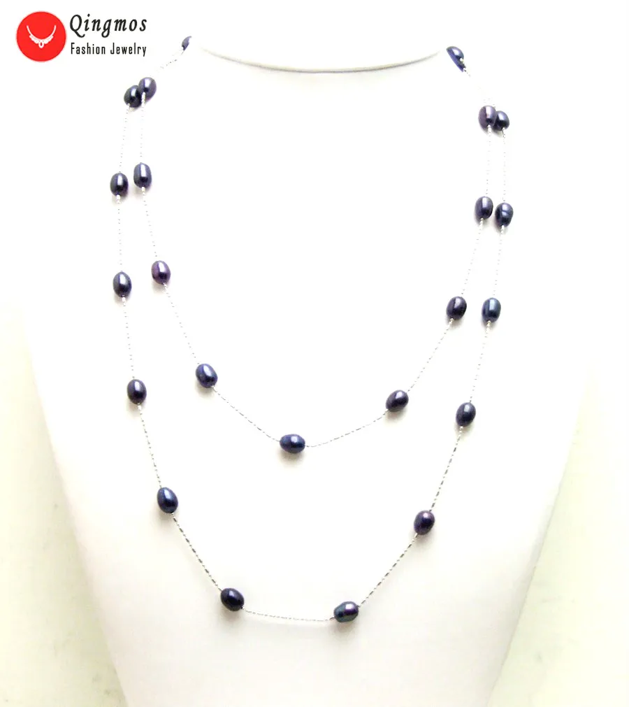Qingmos Natural Black Pearl Necklace for Women with 6-7mm Rice Freshwater Float 46&quot Long Chain Fine Jewelry n6475 |