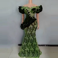 classic green lace aso ebi evening gowns short sleeves puffy mermaid women plus size prom dresses appliques 2021