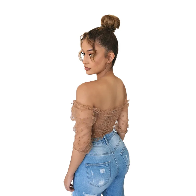 

In The Summer Of 2020 The New Women's Fashion Sexy Gauze Wave Point A Word Shoulder Strapless Short Jacket That Show Hilum