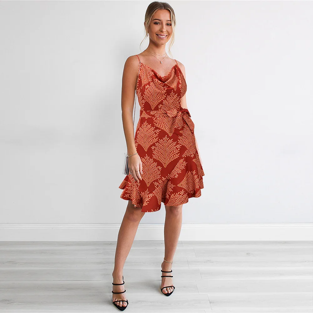 

Summer Women Mini Dress Floral Printed Spaghetti Strap Loose Slim A Line Dress Casual Hollow Out Female Slip Dress