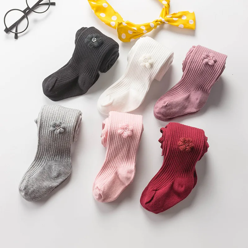 Осенние детские колготки хлопковые носки вязаные для девочек белые с цветочным