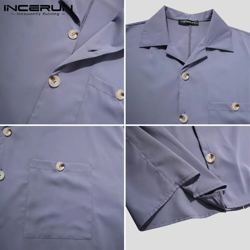 

INCERUN Men Casual Shirt Solid Color Lapel Short Sleeve Loose Pockets Camisas 2021 Button Streetwear Summer Tops Men Clothing