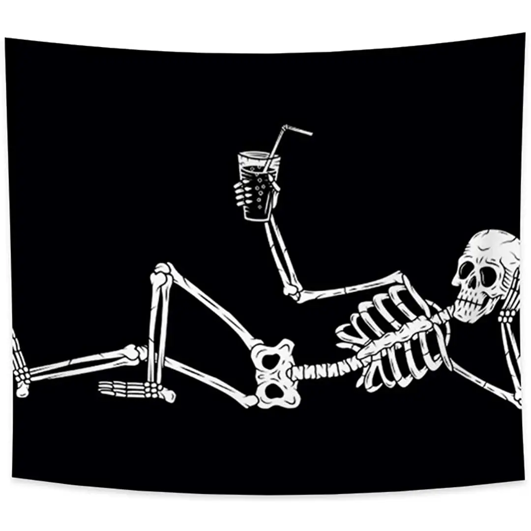 

Creative Minimalism Style Tapestry Halloween Funny Skull Lying on Ground Drinking Cola White Dead Skeleton Art Wall Hanging