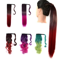 long body synthetic wavy ponytail hairpiece wrap around clip on hair extensions ombre pink green pony tail for fack hair 22 inch