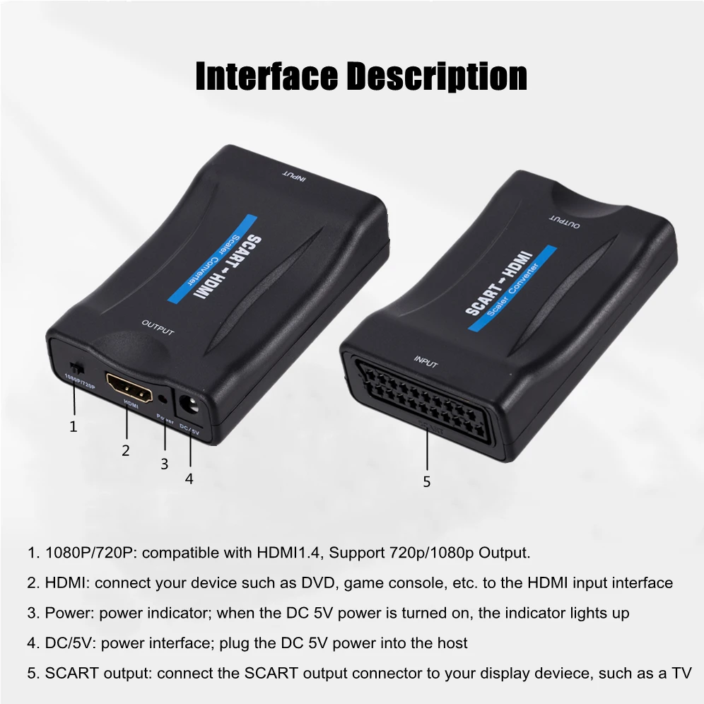 Адаптер преобразователя 1080P SCART в HDMI-совместимый преобразователь видео аудио