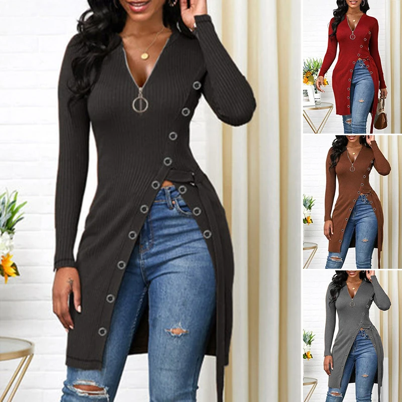 

Fashion Sexy Women Long Sleeve T-shirt Casual Slim Split Long T-shirts Tee Tops A66