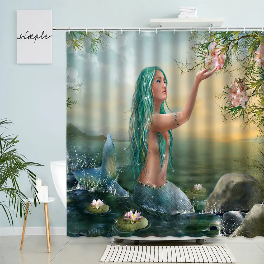 

Cartoon Mermaid Shower Curtain Ocean Sexy Woman Beautiful Girl Lotus Flower Plant Ocean Scenery Bathroom Decor With Hook Screen