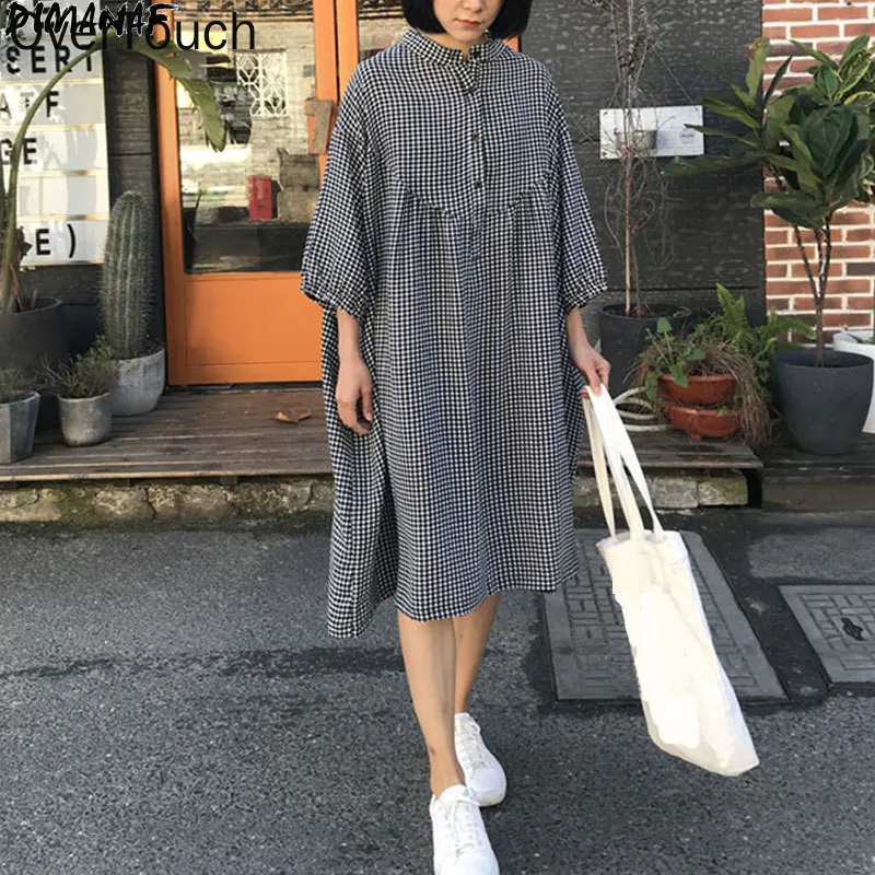 

2021 Plus Size Women Shirt Dress Female Vintage Bat Linen Plaid Print Cardigan Big Korean Oversize Summer New Dress 4XL