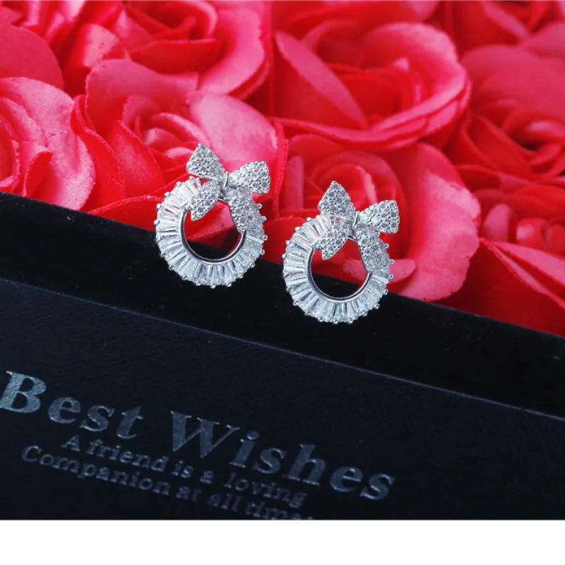 

Ювелирные изделия высокого качества 925 Серебро CZ камень циркон серьги-гвоздики для женщин Милые круг бантом очарование серьги ювелирные из...