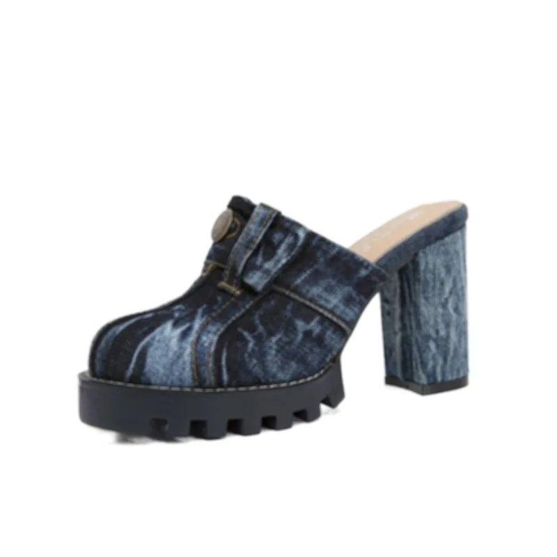 

2021 New Summer New Korean Style Denim Washed Closed Toe Lazy Slippers Fashion High Heel Chunky Heel Sandals Women's Shoes A876