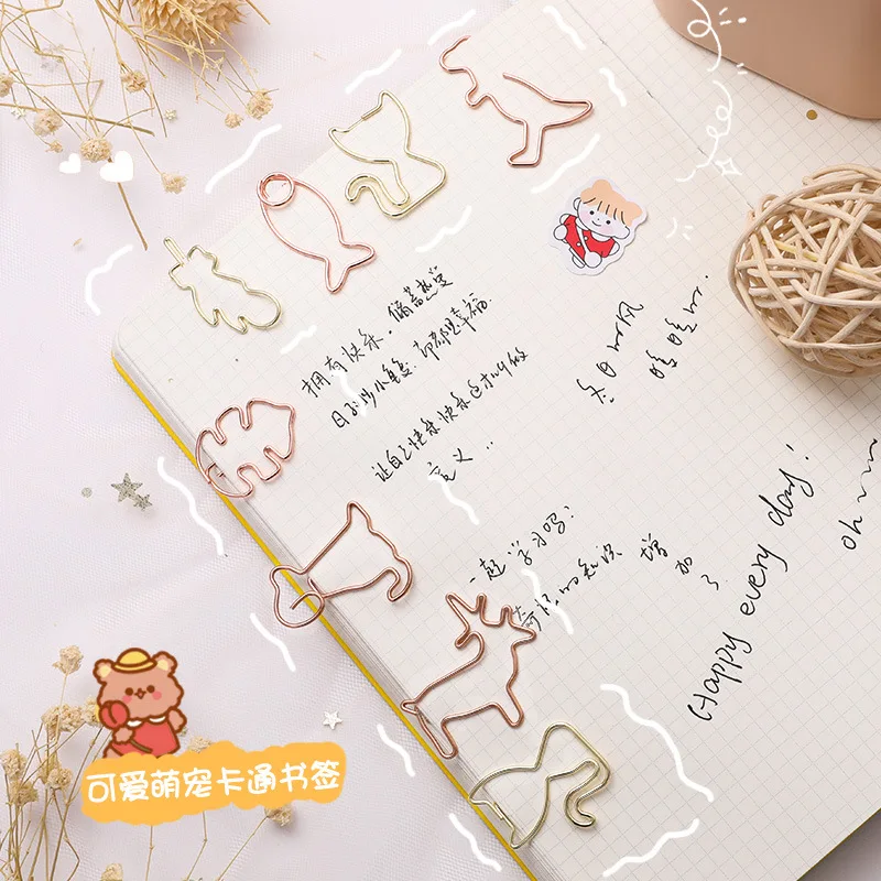 

8pcs Kawaii Paper Clips Metal Animal Shaped Rose Gold Clips Cat Office Accessories Bookmarks Cute Stationery Planner Clip Prizes