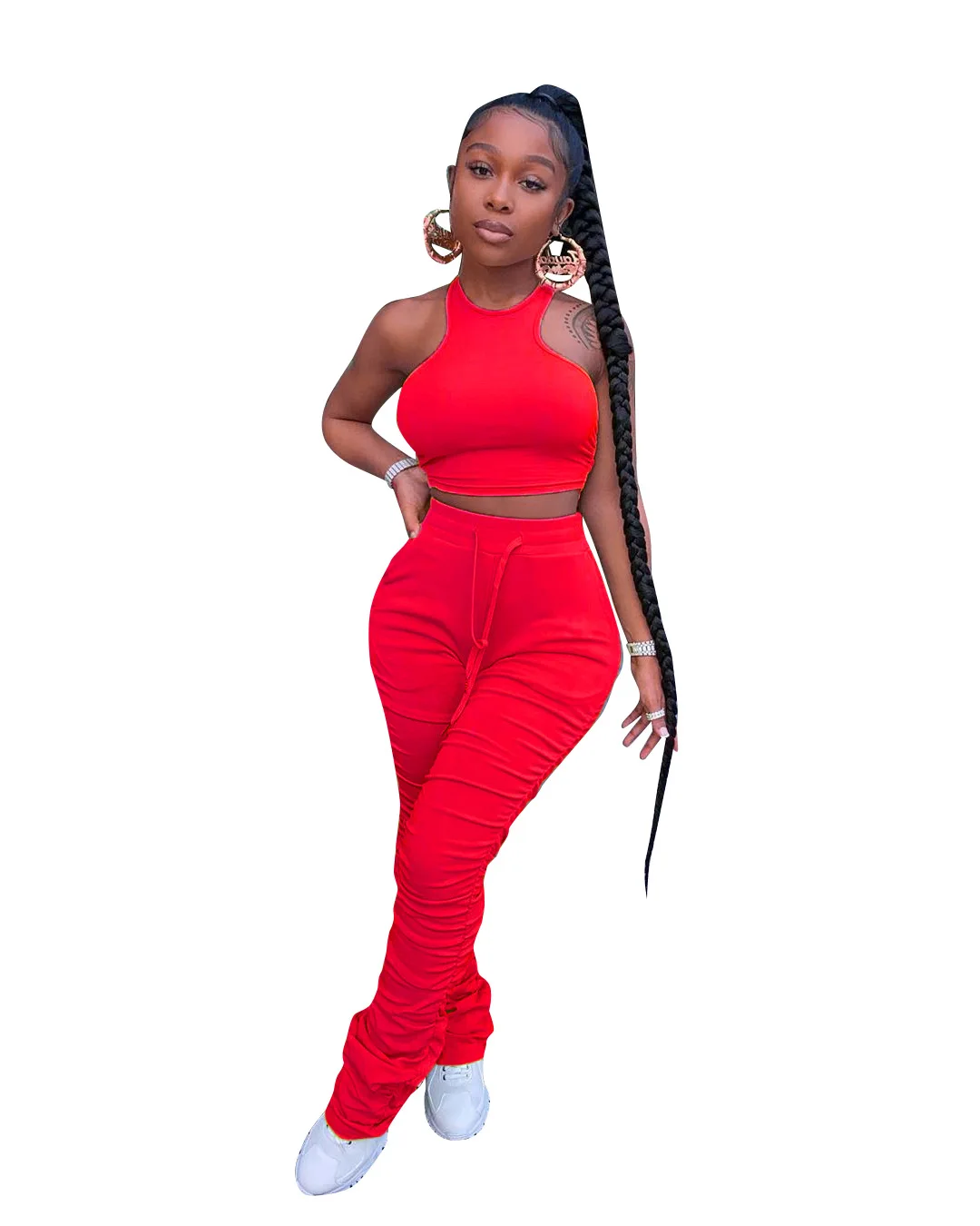 

Women cropped tank top+stacked leggings set stacked pants two peice set Pink outfits for women joggers women set matching sets