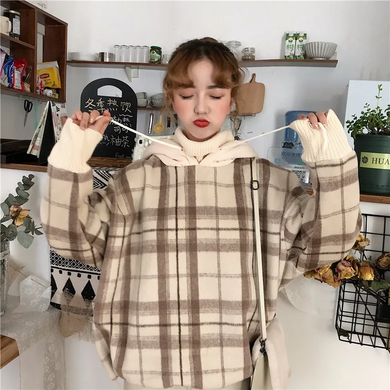 Толстовка Женская в клетку Свободный пуловер с высоким воротником и капюшоном