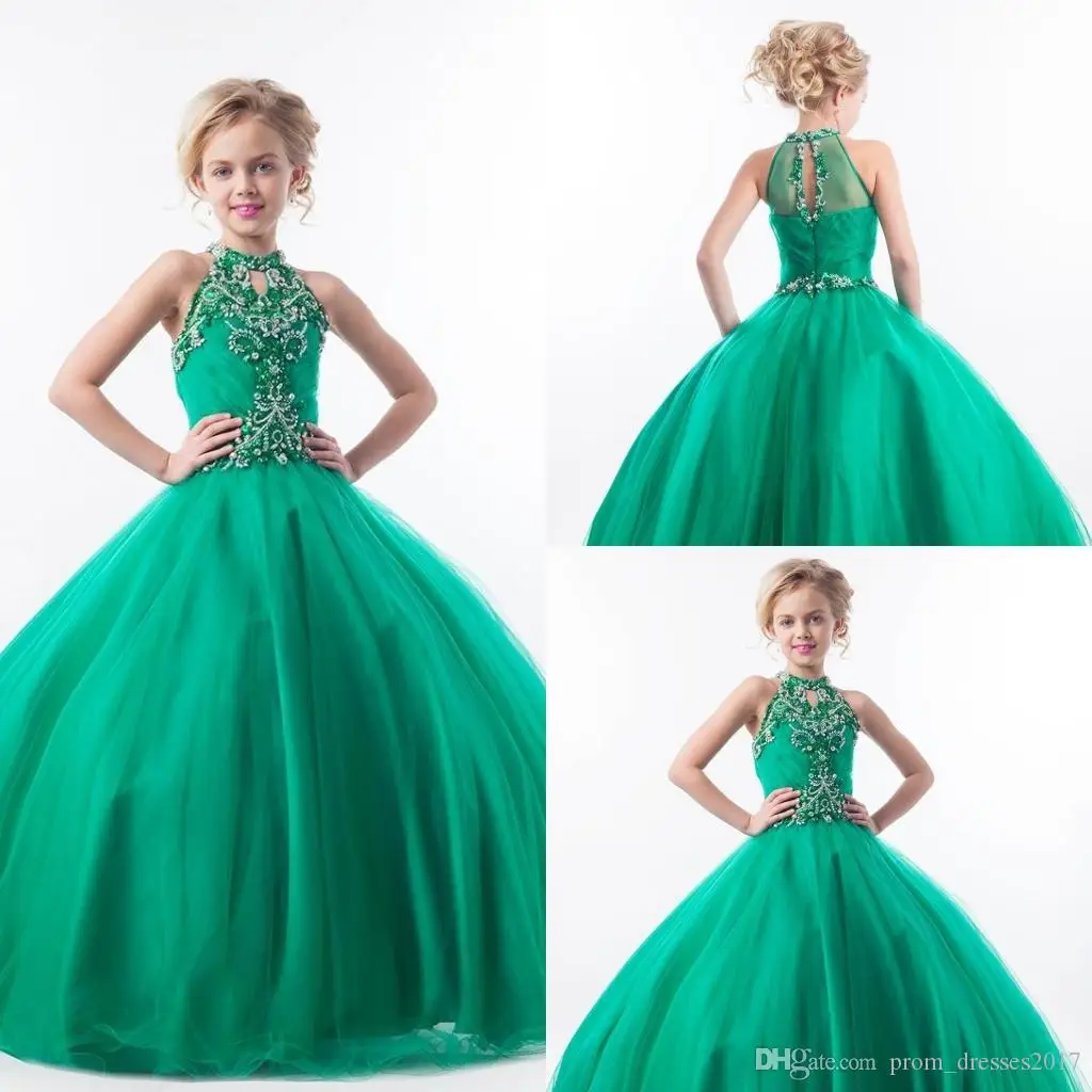 

Emerald Green Girls Pageant Dresses Halter High Neck Tulle Beaded Crystals Kids Appliques Glitz Flower Girls Dresses