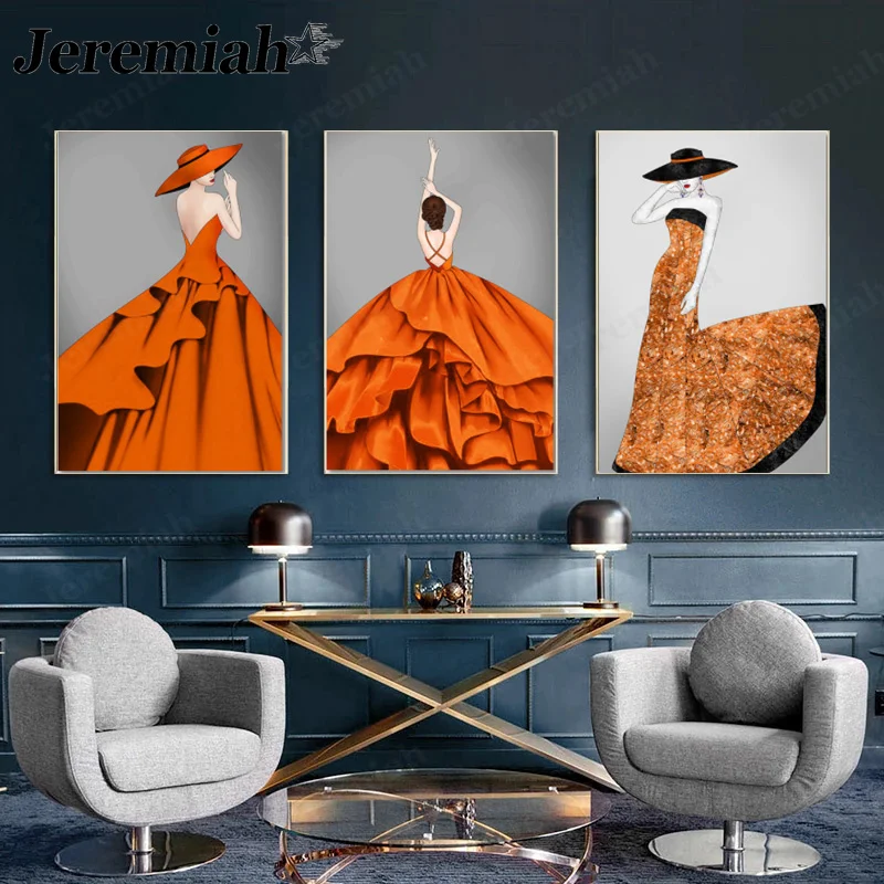 

Nordic Character Canvas Poster Elegant Fashion Orange Dress Woman Painting Wall Art Modern Home Room Decoration