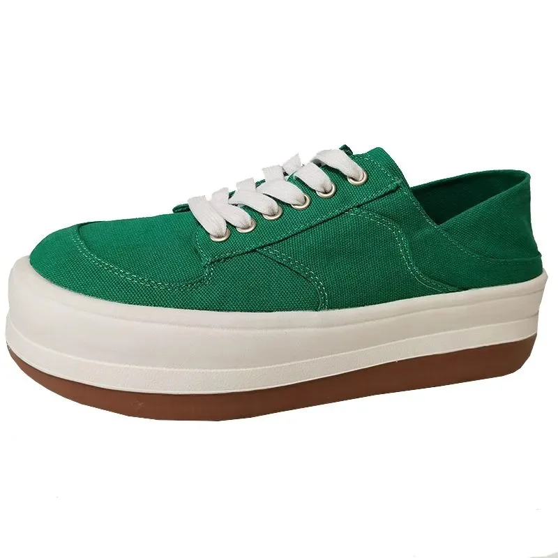 

Green Round Toe Platform Shoes Summer Slip-On Women Shallow Casual Sneakers Women 2021New Retro Lace-Up Heighten Canvas Shoes
