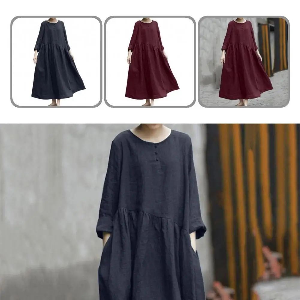

Robe Dress Loose Fit Large Hem Solid Color Long Sleeve O-Neck Maxi Dress Party Dress Streetwear