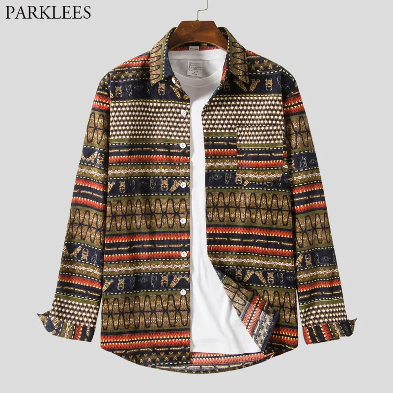

Retro Totem Print Corduroy Jackets Shirts Men Long Sleeve Casual Button Up Shirts Mens African Ethnic Style Chemise Homme S-5XL