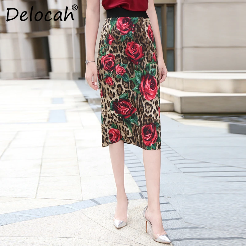 

Delocah Elegant Summer Skirts Runway Fashion Women's Leopard Rose Printed High Waist Vintage Ladies Midi Skirt